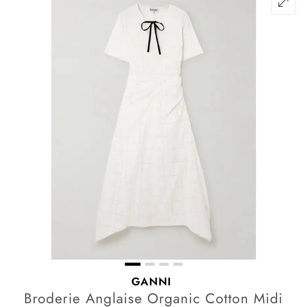 Ganni White Broderie Anglaise Midi Dress with Black Tie